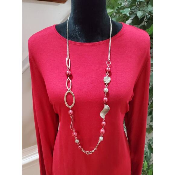 Chico's Women Red Solid Rayon Round Neck Long Casual Sleeve Top Shirt Size Large - Picture 2 of 9